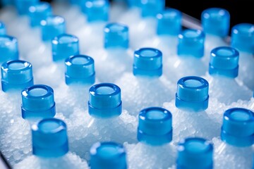 Laboratory vials containing samples submerged in cooling beads for scientific research
