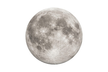 full moon isolated on a clean white background, showing detailed lunar surface with visible craters and maria. Minimalist astronomical concept suitable for science, education, space ex