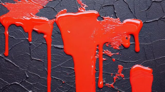 Red acrylic paint splashes on cracked black canvas, macro camera zoom-in, liquid motion in cinematic lighting 4K