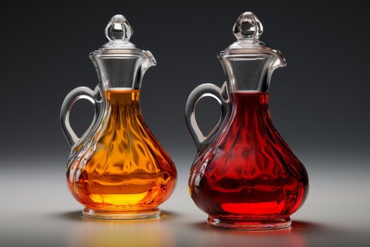 Glass cruets filled with golden oil and red vinegar standing on a surface