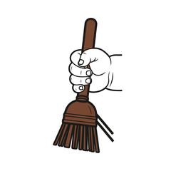 A cartoon hand firmly grasps a traditional brown broom, symbolizing household chores, cleanliness, and the act of sweeping in a simple, graphic illustration.
