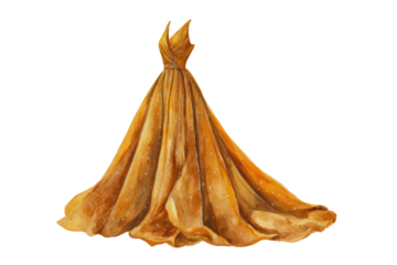 A golden dress highlighting its shimmering fabric and elegant design, isolated on transparent background