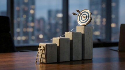 Obraz premium Concrete bar graph with target dartboard and arrows in modern office,goal achievement and business success strategy concept,corporate growth,analytics and performance improvement in 3D rendering