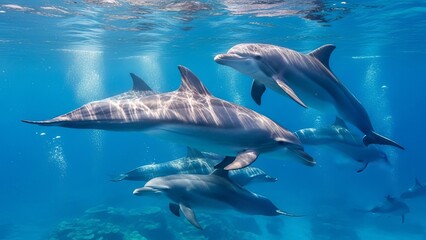 Obraz premium A pod of dolphins swimming together in the clear blue ocean water