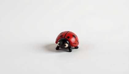 A small red toy ladybug sits alone in the center of the frame against a white background, its body facing downward while its head is turned to the side.