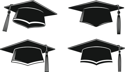 Vector icon set featuring black silhouette graduation caps with tassels for academic achievement school commencement and university celebrations.