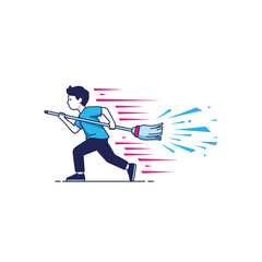 A dynamic character swiftly runs with a broom, illustrating quick and efficient cleaning or rapid service delivery in a modern, active lifestyle.
