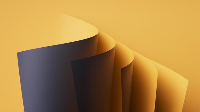 A stack of yellow sheets fans into soft pleats while black backs peek through. Elegant looping backdrop with high contrast for titles. 3d render motion.