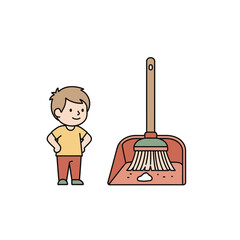 A cute cartoon boy stands proudly next to a dustpan and brush, symbolizing household chores and cleanliness with a simple, friendly illustration.