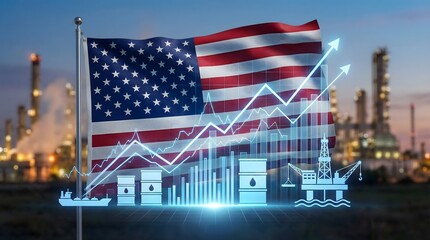 American oil and gas industry growth concept,with USA flag,barrels,oil rigs,and data charts indicating rising energy market trends
