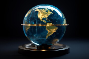 Transparent blue and golden digital globe with glowing equator line on dark background