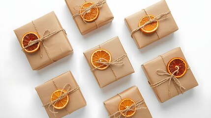 Gifted Presentation: A collection of meticulously wrapped presents, adorned with dried citrus slices, exuding a rustic elegance, perfect for a special occasion.
