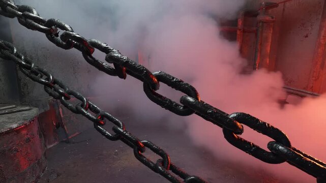 Metallic black chains glowing faint red, slow pan along links, smoke drifting across frame 4K