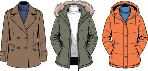 Vector illustration of three winter jackets including a brown pea coat, olive fur parka, and orange puffer jacket with turtlenecks. © Shafiqul