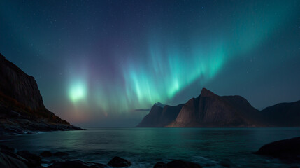 Aurora borealis over mountain lake landscape
