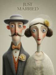 Vintage 1930s style wedding greeting card illustration featuring a cartoon bride and groom with just married text.