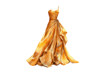 A golden dress highlighting its shimmering fabric and elegant design, isolated on transparent background