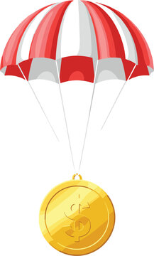Vector illustration of a golden dollar coin floating with a red and white parachute for financial airdrop concepts.
