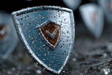 Metal shield covered with water droplets, editable and customizable image symbolizing protection, cybersecurity, or resilience against threats.