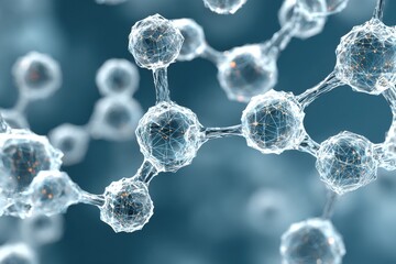 Futuristic molecular structure with glowing nodes, editable and customizable image ideal for science, biotechnology, or medical innovation visuals.