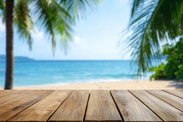 Wooden table surface with tropical beach and palm trees background, ideal for summer product display, travel promotion, food presentation, and lifestyle marketing use