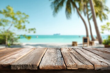 Wooden table top with blurred tropical beach, palm trees, and turquoise sea, ideal for summer product display, travel promotion, food presentation, and lifestyle marketing use