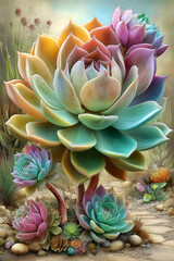 Colorful succulent plants illustration in a desert landscape with soft pastel colors and painterly texture.