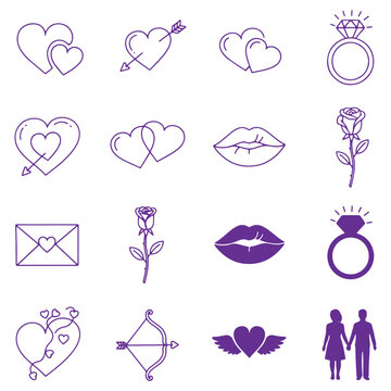 Collection of romantic icons featuring hearts lips roses and engagement rings isolated on a transparent background