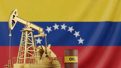 Golden oil pumpjack and barrel standing prominently against the vibrant flag of Venezuela, symbolizing the nation's significant energy resources and economic backbone through its petroleum industry