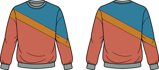 Vector Technical Sketch of a Colorblock Crewneck Sweatshirt Featuring Front Side and Back Views for Apparel Design and Fashion Mockup Template