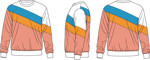 Vector Technical Sketch of a Colorblock Crewneck Sweatshirt Featuring Front Side and Back Views for Apparel Design and Fashion Mockup Template