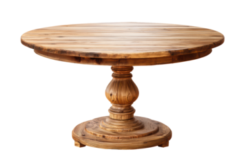 A round wooden table with a smooth surface, supported by a central pedestal base, isolated on transparent background