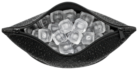 Waterproof black bag with zipper holding ice cubes isolated on transparent background