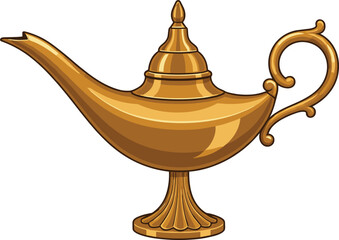 Naklejka premium Vector illustration of an ornate golden magic oil lamp with a curved handle for fantasy and mystical storytelling.