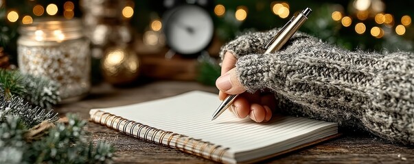 A cozy winter scene of someone writing in a notebook beside festive decorations and warm lights