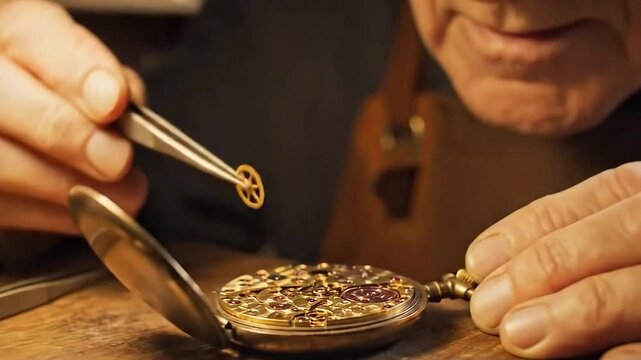 Watchmaker Using Loupe and Tweezers to Adjust Tiny Gold Gear in Watch