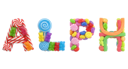A collection of alphabet letters A, L, P, H creatively constructed from various colorful candies like gummy bears, swirl lollipops, and candy sticks on a black background.