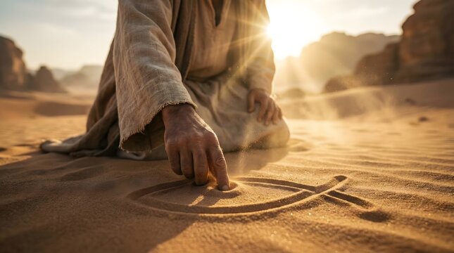 Man in ancient robe drawing Christian Ichthys fish symbol in sand at sunrise in desert,religious spiritual concept of faith and silence