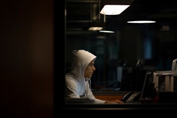 Young man in hoodie intently works at computer in dimly lit room, coding and focused on achieving cybersecurity goals.