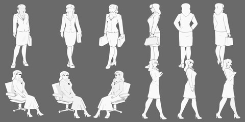 Fototapeta premium A collection of stylized businesswomen illustrations in various poses and outfits