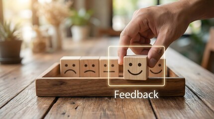 Wooden feedback rating blocks with smiling and sad faces,highlighting positive customer experience and satisfaction evaluation in business