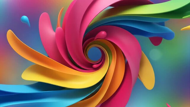 Colorful abstract swirl with rainbow waves and splashes against a gradient background