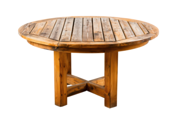 A round wooden table with a smooth surface, supported by a central pedestal base, isolated on transparent background