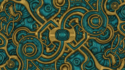 Intricate teal and gold abstract design with swirling patterns