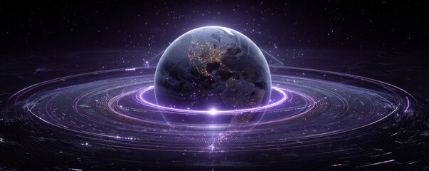 Global planet surrounded by glowing rings illustrating digital connectivity and futuristic energy