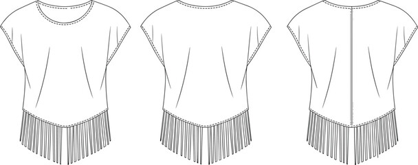Women's Crew Neck Cap Sleeve Top Technical Flat Sketch with Pointed Hem and Long Fringe Detail Fashion Vector Illustration Drawing (21 words)