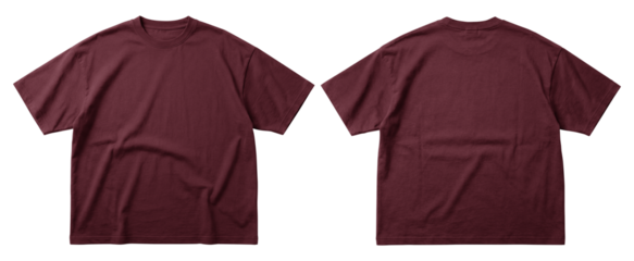 High-quality image of a t-shirt mockups shown in front and back views. Red maroon color isolated on transparent background, Suitable for apparel template, clothing, branding.