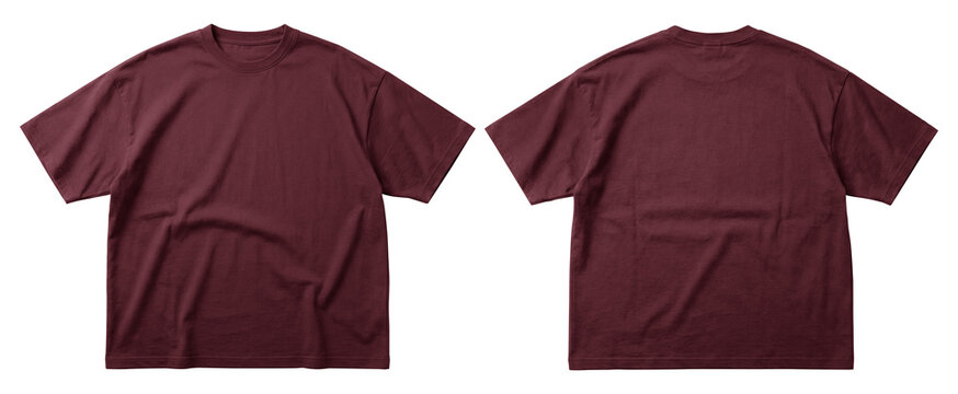High-quality image of a t-shirt mockups shown in front and back views. Red maroon color isolated on transparent background, Suitable for apparel template, clothing, branding.