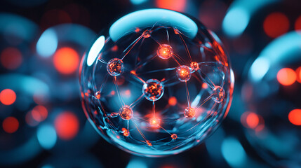 A glowing glass sphere with a network of red connections and blue lights on a dark background