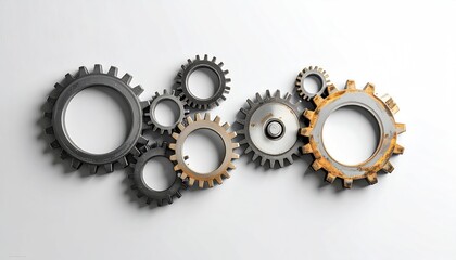 Mechanical gears of varied sizes, arranged on white background, suggesting concepts